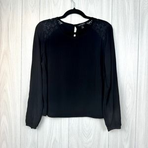 Banana Republic Black Long Sleeve Lace Shoulder Blouse Size PM